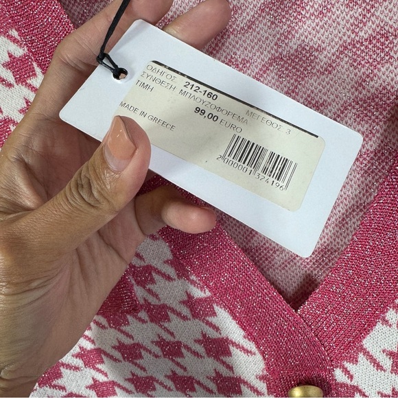 FIGARO Pink White Houndstooth Cardigan Dress Size 3 Long Sleeve Made in Greece - Picture 7 of 14